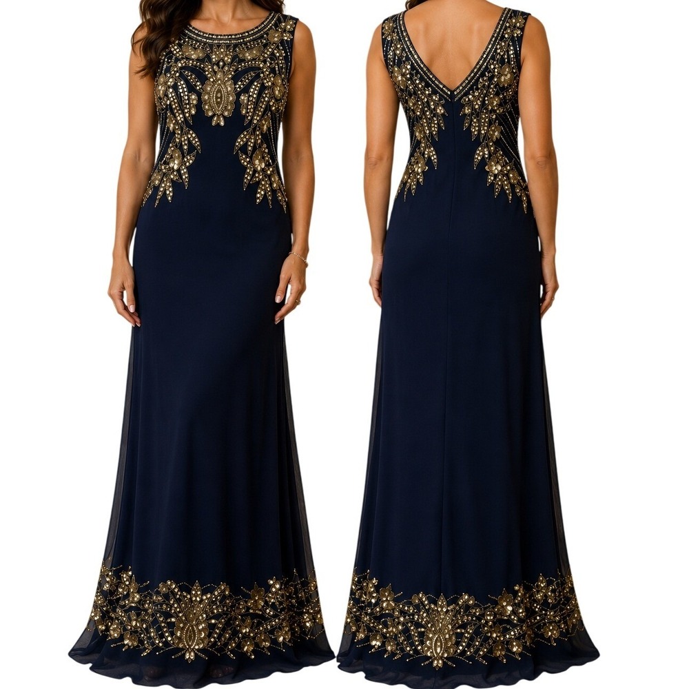 JS Collections Dress 12 Navy Gold Beaded Sequin Art Deco Gatsby Formal‎ Gown